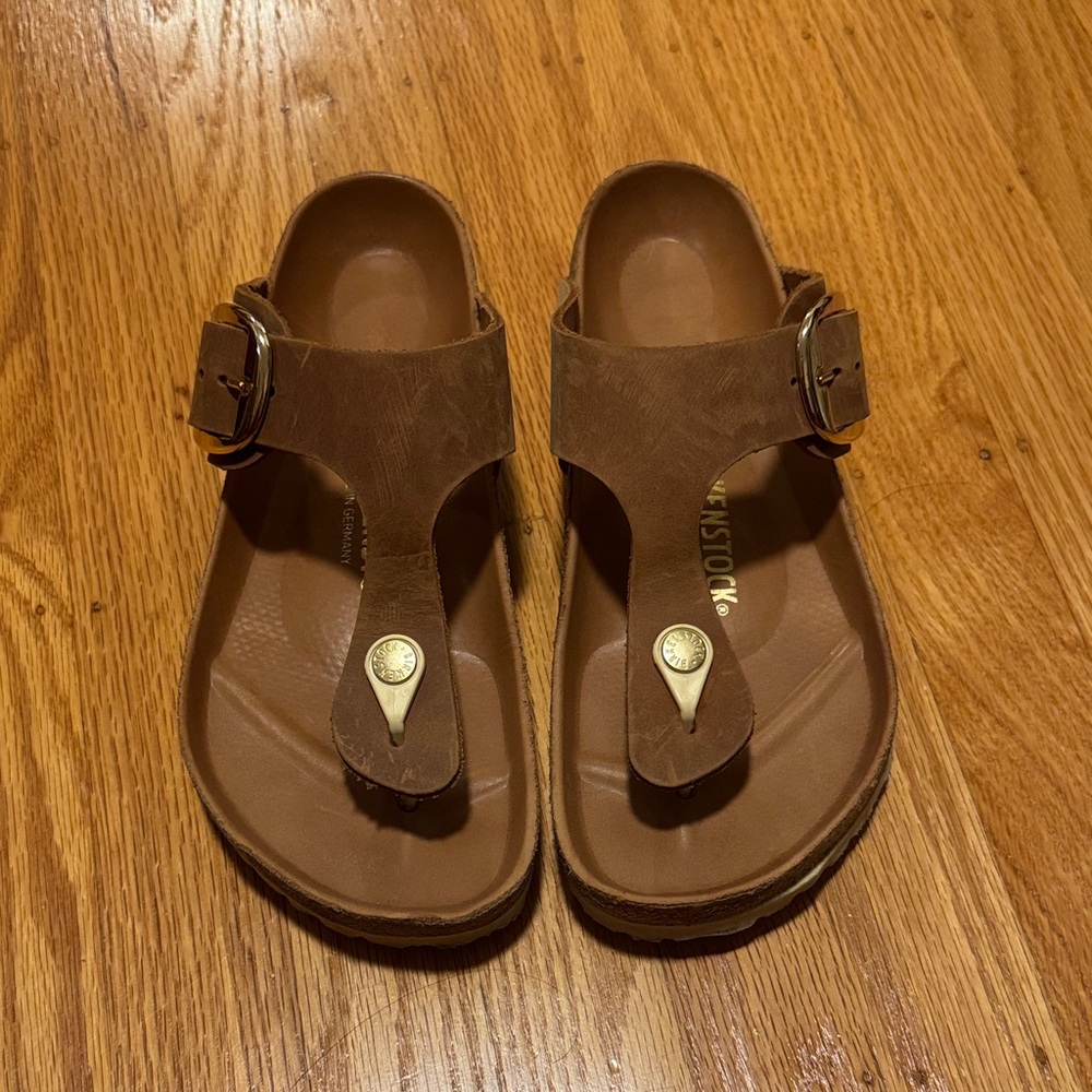 Birkenstock Tan Leather Sandals with Gold Buckle